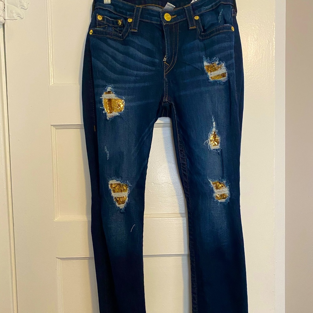 True Religion ripped sequin skinny jeans